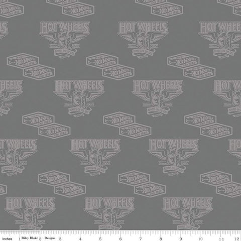 Hot Wheels Classic Vintage Decals C11482 Cast Iron - Riley Blake - Vintage Cars Tone-on-Tone Logo Gray - Quilting Cotton Fabric