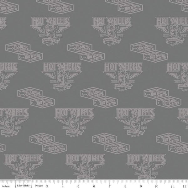 SALE Hot Wheels Classic Vintage Decals C11482 Cast Iron - Riley Blake - Vintage Cars Tone-on-Tone Logo Gray - Quilting Cotton Fabric