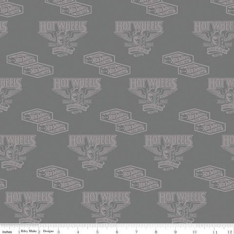 SALE Hot Wheels Classic Vintage Decals C11482 Cast Iron - Riley Blake - Vintage Cars Tone-on-Tone Logo Gray - Quilting Cotton Fabric