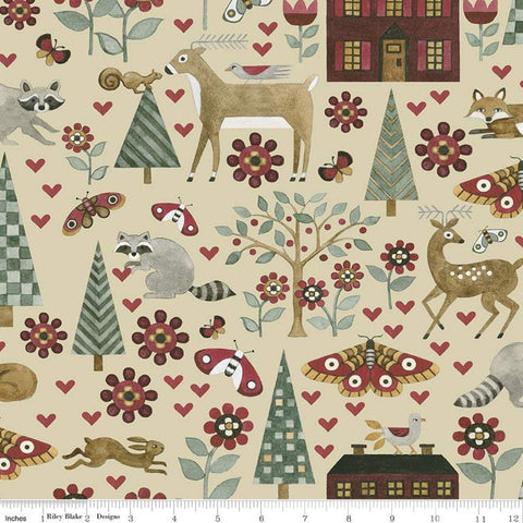 Fat Quarter End of Bolt Piece - For the Love of Nature Main C11370 Pearl - Riley Blake Folk Animals Trees Flowers Moths Houses Cotton Fabric