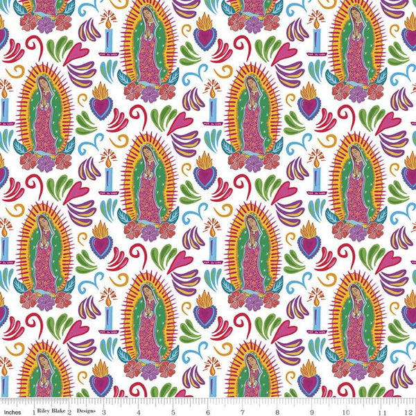 Fat Quarter End of Bolt - SALE Eleanor Guadalupe C11712 White - Riley Blake Designs - Mexico Mexican Mary Candles - Quilting Cotton Fabric