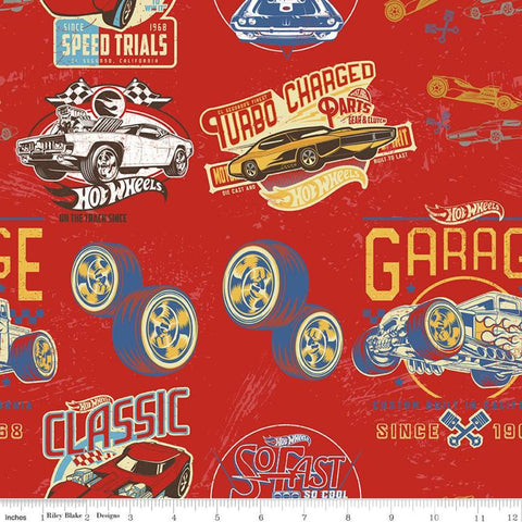 32" End of Bolt - SALE Hot Wheels Classic Main C11480 Red - Riley Blake Designs - Vintage Toy Cars Tires Logo Icons - Quilting Cotton Fabric