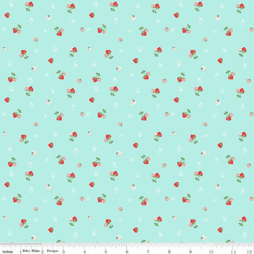 Fat Quarter End of Bolt Piece - Quilt Fair Strawberries C11352 Aqua - Riley Blake Designs - Berries Blue Green - Quilting Cotton Fabric