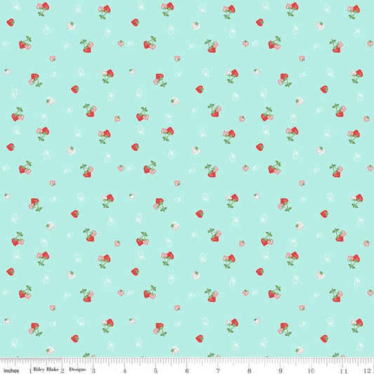 Fat Quarter End of Bolt Piece - Quilt Fair Strawberries C11352 Aqua - Riley Blake Designs - Berries Blue Green - Quilting Cotton Fabric