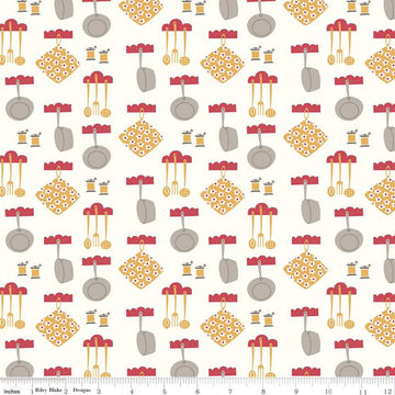 Fat Quarter End of Bolt - CLEARANCE Cook Book Dinner C11759 Daisy - Riley Blake  - Lori Holt - Pans Hot Pads on Off White - Quilting Cotton