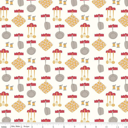 Fat Quarter End of Bolt - CLEARANCE Cook Book Dinner C11759 Daisy - Riley Blake  - Lori Holt - Pans Hot Pads on Off White - Quilting Cotton