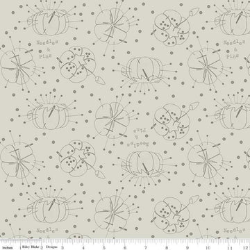 Fat Quarter End of Bolt - SALE Best of She Who Sews Pincushion Linework C11332 Gray -Riley Blake - Sewing Tomato Text Quilting Cotton Fabric