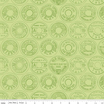 33" End of Bolt - SALE Best of She Who Sews Low Volume Spool Tops C11338 Green - Riley Blake - Sewing Vintage Thread Labels -Quilting Cotton