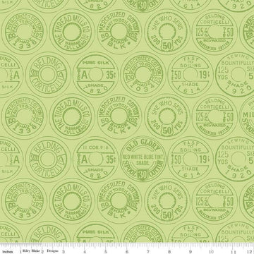 33" End of Bolt - SALE Best of She Who Sews Low Volume Spool Tops C11338 Green - Riley Blake - Sewing Vintage Thread Labels -Quilting Cotton