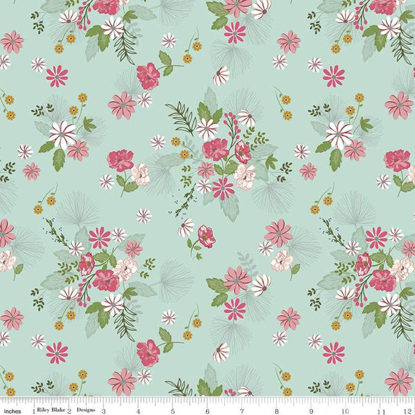 CLEARANCE - Fat Quarter End of Bolt - Enchanted Meadow Main C11550 Songbird - Riley Blake - Flowers Blue Green - Quilting Cotton Fabric