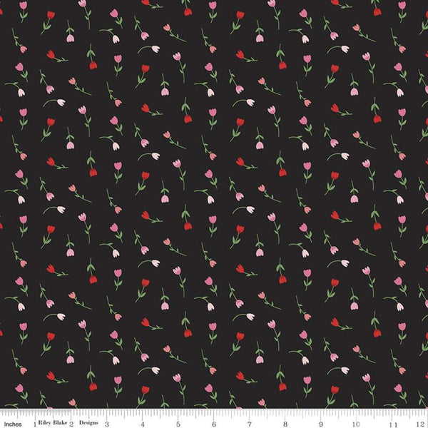 17" End of Bolt - SALE Falling in Love Tulips C11284 Black - Riley Blake - Day Valentines Floral Flowers - Quilting Cotton Fabric