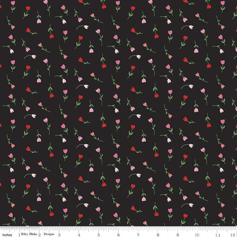 17" End of Bolt - SALE Falling in Love Tulips C11284 Black - Riley Blake - Day Valentines Floral Flowers - Quilting Cotton Fabric