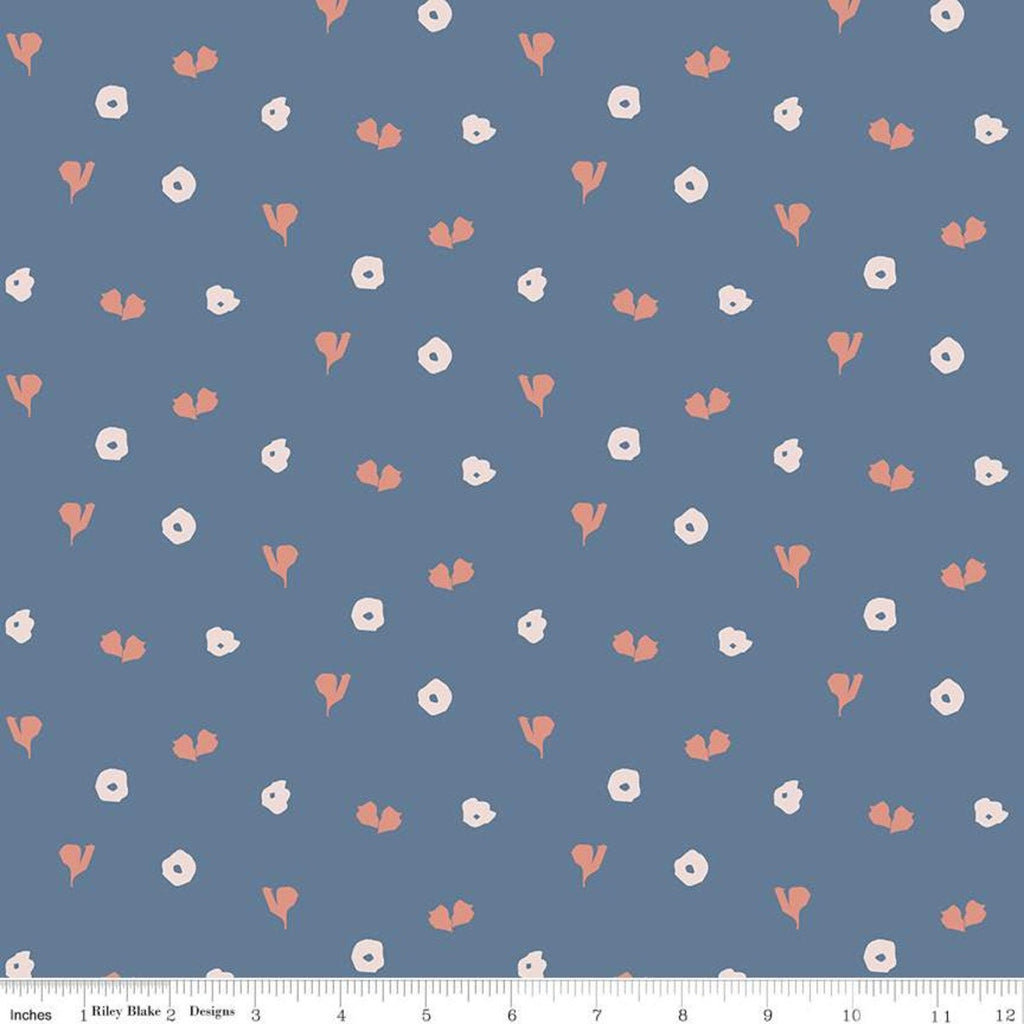 Fat Quarter End of Bolt - CLEARANCE Misty Morning Hearts C11586 Cadet - Riley Blake - Irregular Hearts Blossoms Blue  Quilting Cotton Fabric