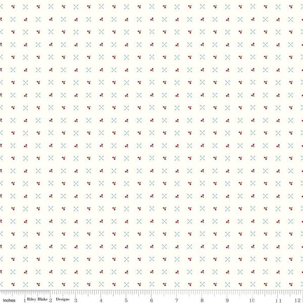 10" End of Bolt - Cook Book Cherry Turnover C11761 Cloud - Riley Blake - Lori Holt - Cherries Crosses Grid Off White  Quilting Cotton Fabric