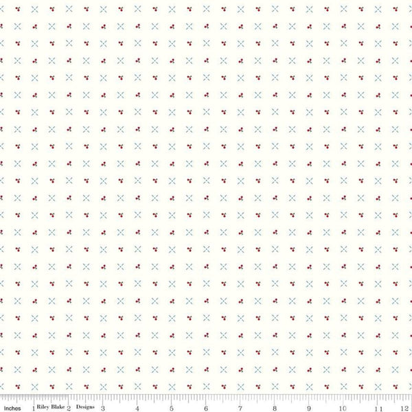 9" End of Bolt - Cook Book Cherry Turnover C11761 Cloud - Riley Blake - Lori Holt - Cherries Crosses Grid Off White - Quilting Cotton Fabric