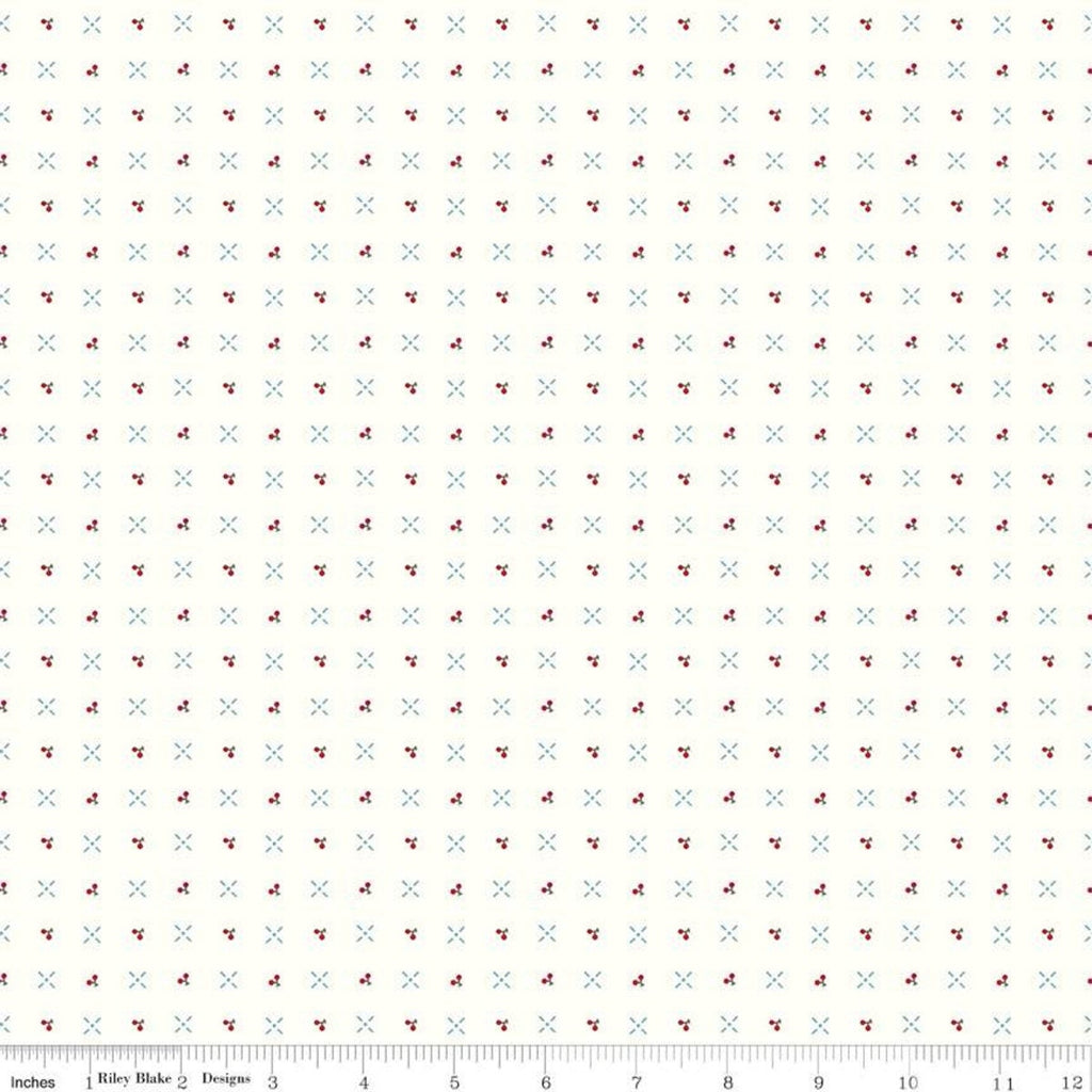 17" End of Bolt - Cook Book Cherry Turnover C11761 Cloud - Riley Blake - Lori Holt - Cherries Crosses Grid Off White  Quilting Cotton Fabric