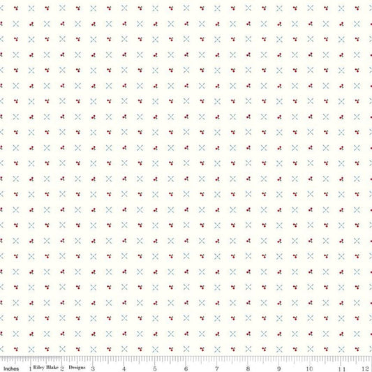 9" End of Bolt - SALE Cook Book Cherry Turnover C11761 Cloud - Riley Blake - Lori Holt - Cherries Grid Off White - Quilting Cotton Fabric