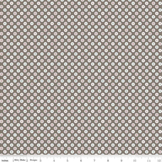 CLEARANCE Fat Quarter End of Bolt - Cook Book Bubbles C11767 Pebble - Riley Blake  - Lori Holt - Dots Dotted Flowers Brown - Quilting Cotton