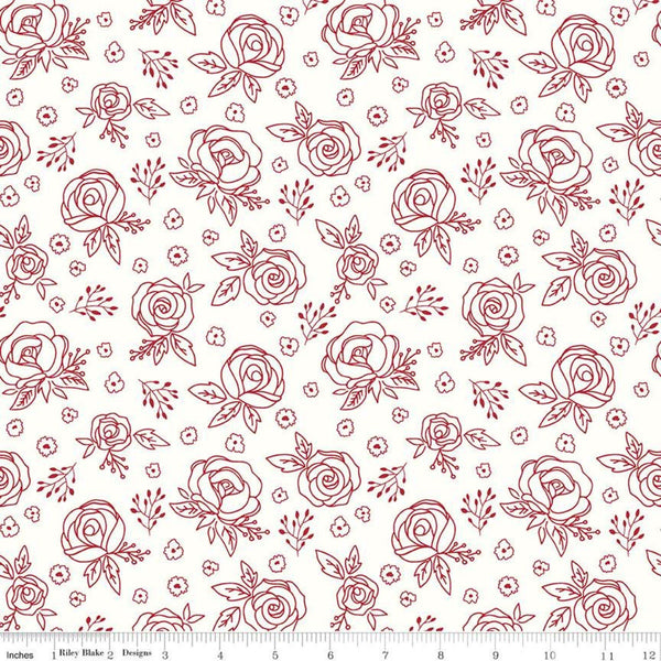 9" End of Bolt - SALE Red Hot Roses C11683 Cream - Riley Blake Designs - Floral Outlined Flowers - Quilting Cotton Fabric