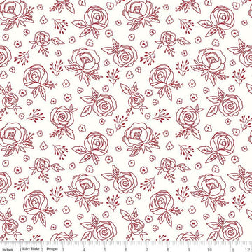 CLEARANCE 9" End of Bolt - Red Hot Roses C11683 Cream - Riley Blake Designs - Floral Outlined Flowers - Quilting Cotton Fabric