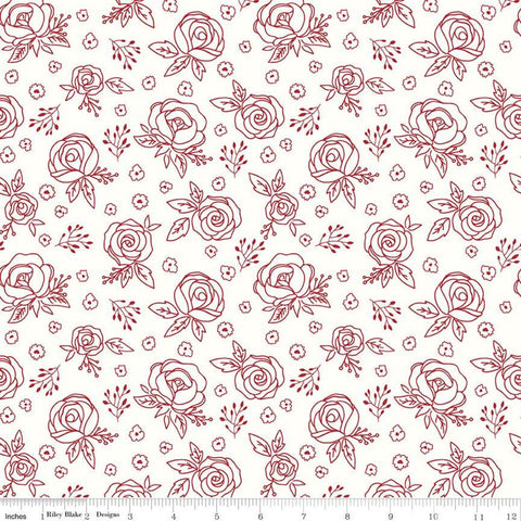 9" End of Bolt - SALE Red Hot Roses C11683 Cream - Riley Blake Designs - Floral Outlined Flowers - Quilting Cotton Fabric