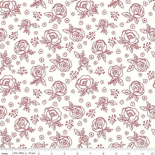 9" End of Bolt - SALE Red Hot Roses C11683 Cream - Riley Blake Designs - Floral Outlined Flowers - Quilting Cotton Fabric