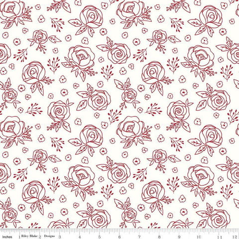 9" End of Bolt - SALE Red Hot Roses C11683 Cream - Riley Blake Designs - Floral Outlined Flowers - Quilting Cotton Fabric