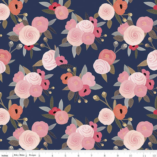 Fat Quarter End of Bolt - SALE Saturday in Paris Main C11360 Navy - Riley Blake Designs - Floral Flowers Blue - Quilting Cotton Fabric