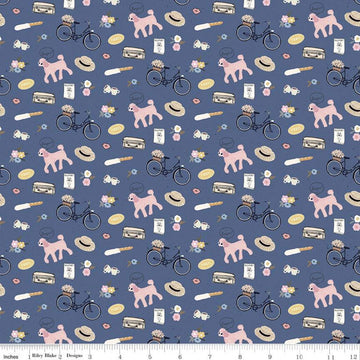 Fat Quarter End of Bolt Piece - SALE Saturday in Paris C11363 Denim Riley Blake Bicycle Flower Hat Dog Travel Blue Quilting Cotton Fabric