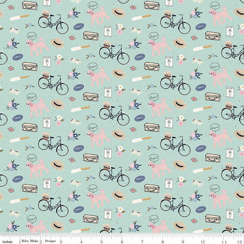 Fat Quarter End of Bolt - SALE Saturday in Paris Icons C11363 Songbird - Riley Blake - Bicycles Flowers Poodles Suitcases - Quilting Cotton