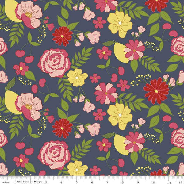 Fat Quarter End of Bolt - SALE Reflections Main C11510 Navy - Riley Blake - Floral Leaves Cherries Lemons Blue - Quilting Cotton Fabric