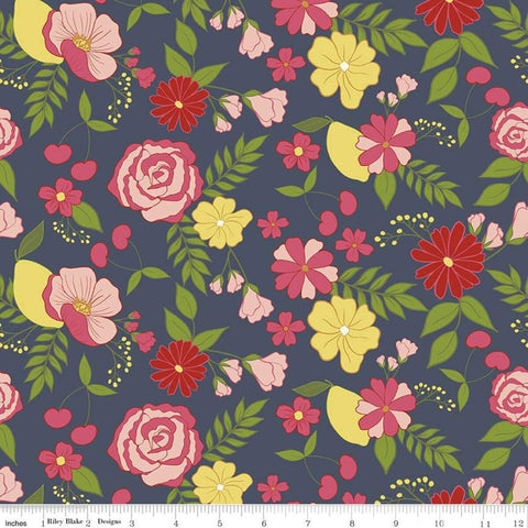 Fat Quarter End of Bolt - SALE Reflections Main C11510 Navy - Riley Blake - Floral Leaves Cherries Lemons Blue - Quilting Cotton Fabric