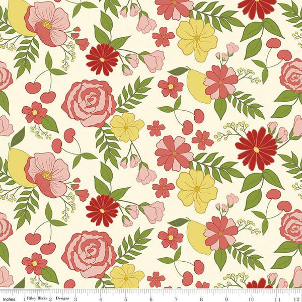 Fat Quarter End of Bolt - SALE Reflections Main C11510 Parchment - Riley Blake - Floral Flowers Leaves Cherries Lemons - Quilting Cotton