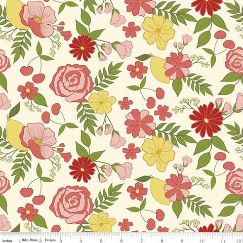 Fat Quarter End of Bolt - SALE Reflections Main C11510 Parchment - Riley Blake - Floral Flowers Leaves Cherries Lemons - Quilting Cotton