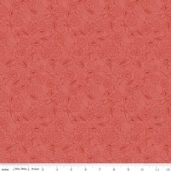 SALE Reflections Floral Jubilee C11516 Red - Riley Blake Designs - Line-Drawn Flowers Leaves Cherries Lemons - Quilting Cotton Fabric