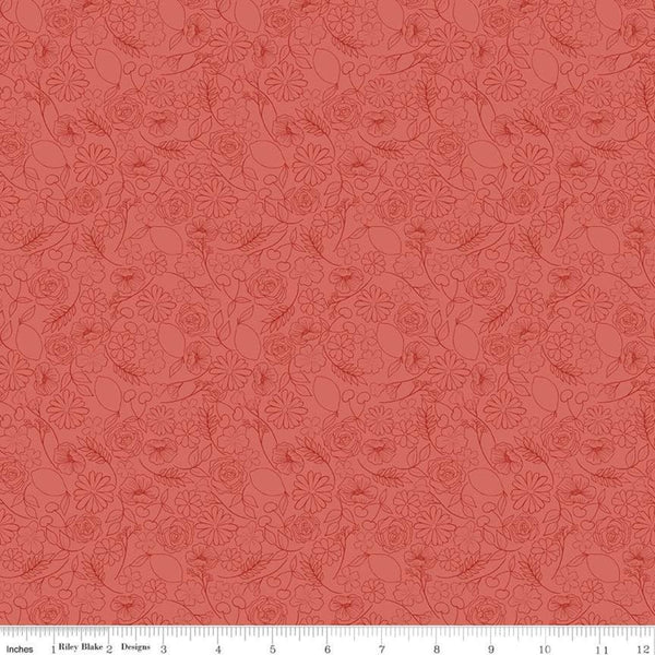 SALE Reflections Floral Jubilee C11516 Red - Riley Blake Designs - Line-Drawn Flowers Leaves Cherries Lemons - Quilting Cotton Fabric