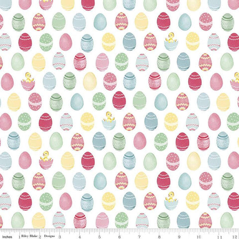 Fat Quarter End of Bolt - SALE Easter Parade Eggs C11572 White - Riley Blake Designs - Chicks Decorated Eggs - Quilting Cotton Fabric