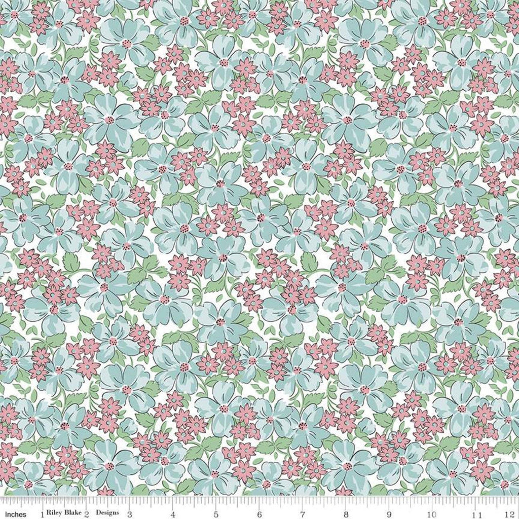 32" End of Bolt - SALE Easter Parade Flowers C11574 Aqua - Riley Blake Designs - Floral Blue - Quilting Cotton Fabric