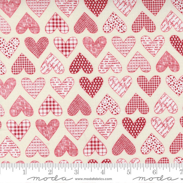 Fat Quarter End of Bolt - SALE Flirt Hearts 55570 Cream Red - Moda Fabrics - Valentine's Day Valentines Heart - Quilting Cotton Fabric