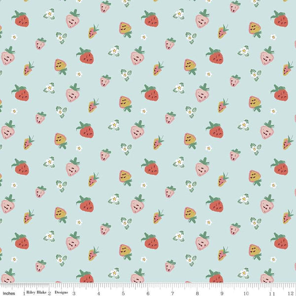 Fat Quarter End of Bolt Piece - SALE Misty Morning Strawberries C11582 Sky - Riley Blake - Berries Blossoms Blue - Quilting Cotton Fabric