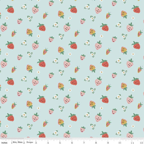 Fat Quarter End of Bolt Piece - SALE Misty Morning Strawberries C11582 Sky - Riley Blake - Berries Blossoms Blue - Quilting Cotton Fabric