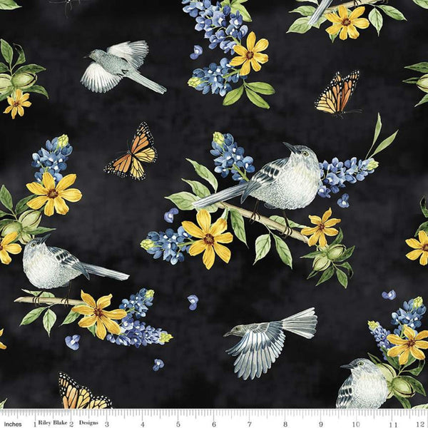 Fat Quarter End of Bolt - CLEARANCE Bluebonnet Breeze Main C11640 Black - Riley Blake - Floral Birds Butterflies - Quilting Cotton Fabric