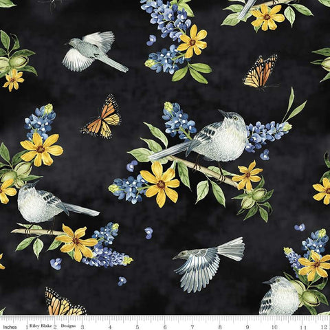 Fat Quarter End of Bolt - CLEARANCE Bluebonnet Breeze Main C11640 Black - Riley Blake - Floral Birds Butterflies - Quilting Cotton Fabric