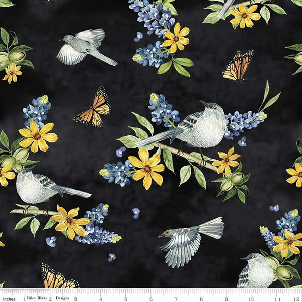 Fat Quarter End of Bolt - CLEARANCE Bluebonnet Breeze Main C11640 Black - Riley Blake - Floral Birds Butterflies - Quilting Cotton Fabric