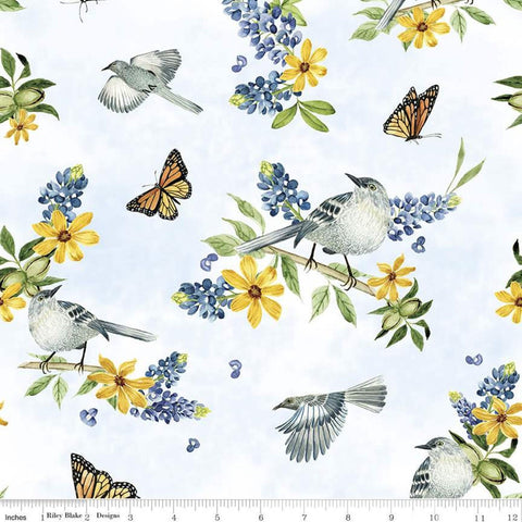Fat Quarter End of Bolt Piece - SALE Bluebonnet Breeze Main C11640 White - Riley Blake - Flowers Birds Butterflies - Quilting Cotton Fabric