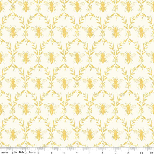 Fat Quarter End of Bolt - Honey Bee Damask C11705 Parchment - Riley Blake Designs - Bees Leaves - Quilting Cotton Fabric