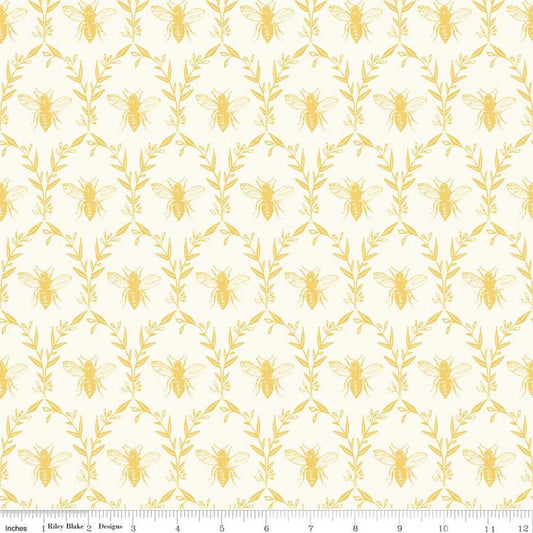 27" End of Bolt - Honey Bee Damask C11705 Parchment - Riley Blake Designs - Bees Leaves - Quilting Cotton Fabric