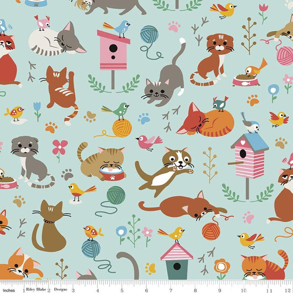 Fat Quarter End of Bolt - CLEARANCE Cat's Meow Main C11630 Songbird - Riley Blake - Kittens Birds Paw Prints Flowers Yarn - Quilting Cotton