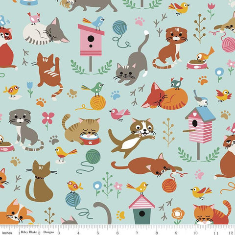 Fat Quarter End of Bolt - CLEARANCE Cat's Meow Main C11630 Songbird - Riley Blake - Kittens Birds Paw Prints Flowers Yarn - Quilting Cotton
