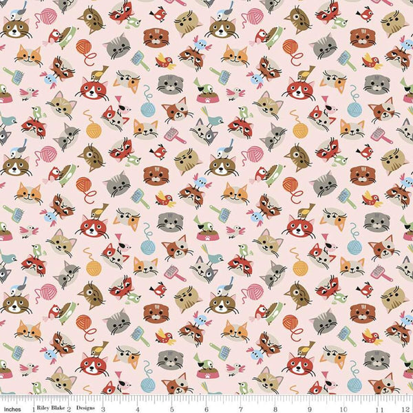 Fat Quarter End of Bolt - SALE Cat's Meow Head Toss C11631 Pink - Riley Blake Designs - Cats Kittens Birds Yarn - Quilting Cotton Fabric